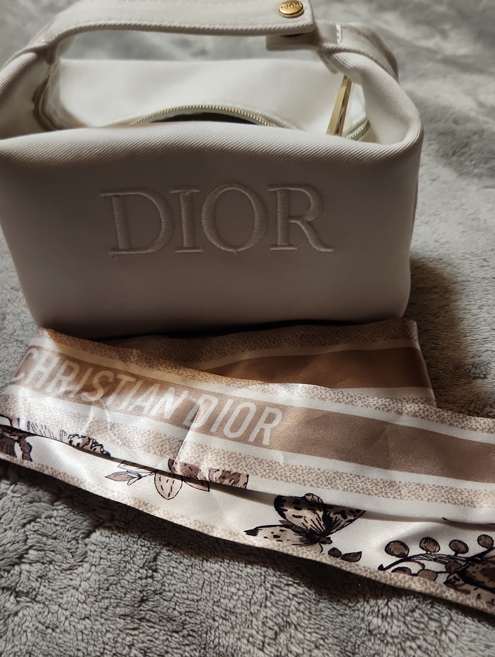 Dior Ivory Cosmetic Pouch with Beige Floral Silk Scarf